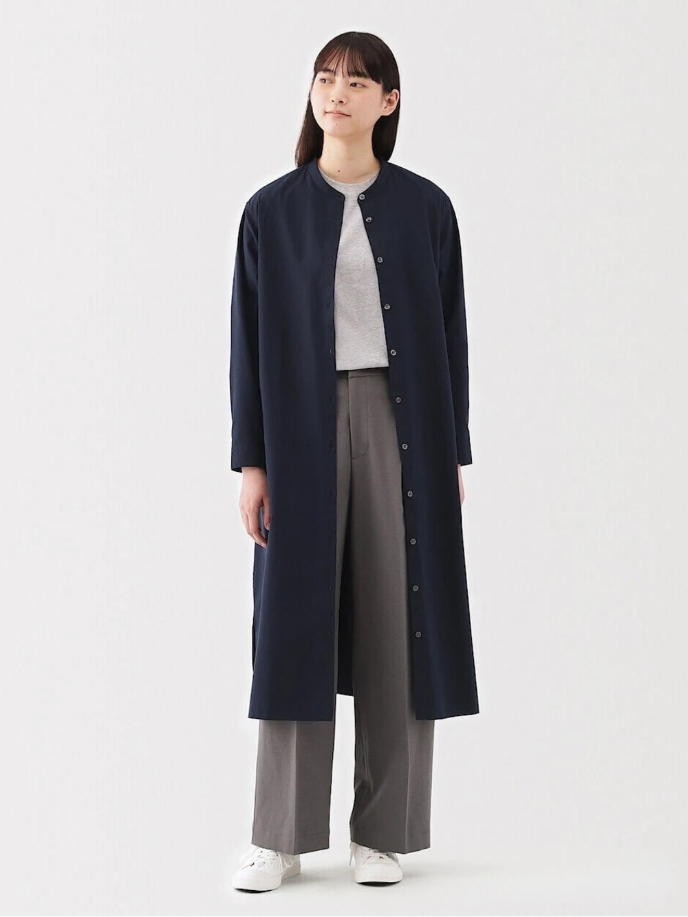 Muji Long Navy Flannel Button-Front Dress